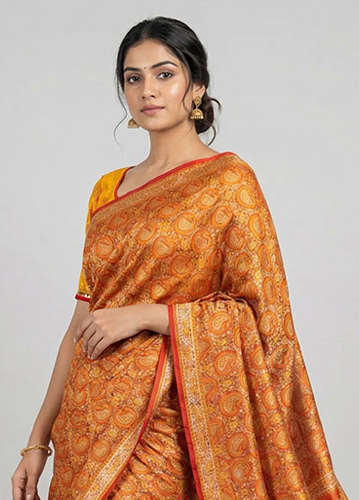 Orange Handloom Jamewar Pure Silk Saree With Blouse Piece - Image 2