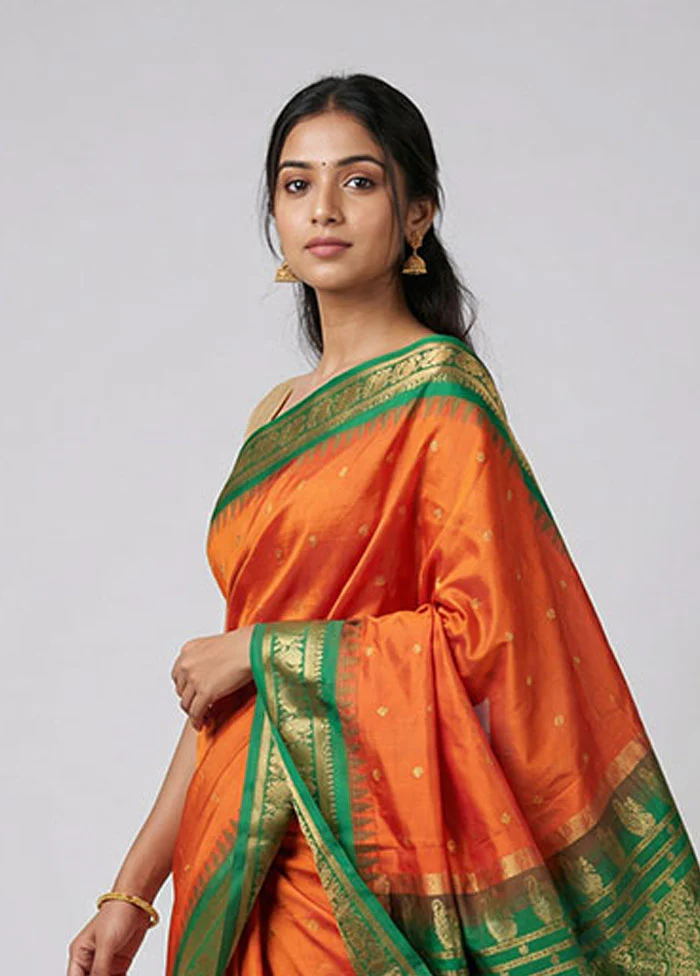 Orange Handloom Kanchipuram Pure Silk Saree With Blouse Piece - Image 2