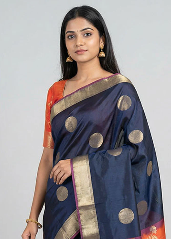 Orange Handloom Kanchipuram Pure Silk Saree With Blouse Piece - Image 2
