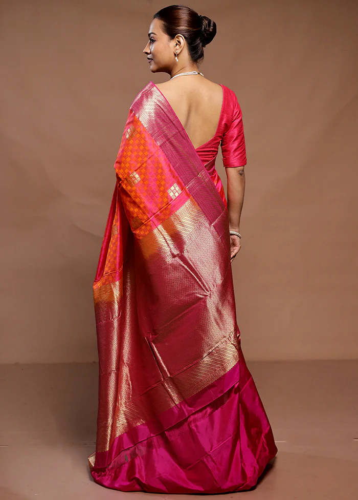 Orange Handloom Kanchipuram Pure Silk Saree With Blouse Piece - Image 3