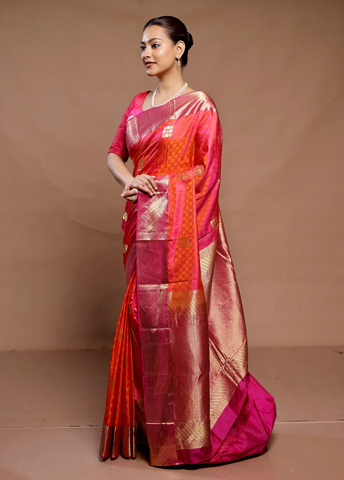Orange Handloom Kanchipuram Pure Silk Saree With Blouse Piece - Image 4