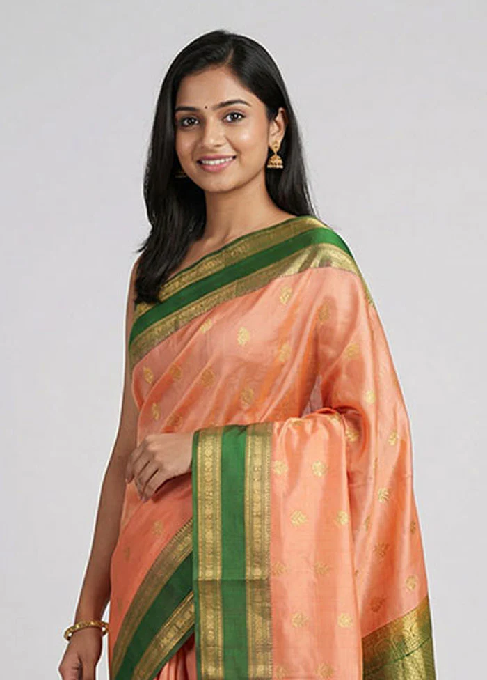 Orange Handloom Kanchipuram Pure Silk Saree With Blouse Piece - Image 2