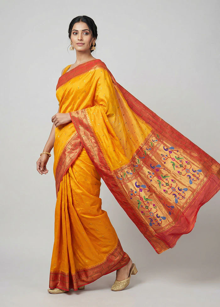 Orange Handloom Kanchipuram Pure Silk Saree With Blouse Piece