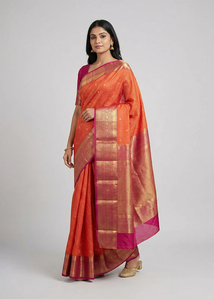 Orange Handloom Kanchipuram Pure Silk Saree With Blouse Piece