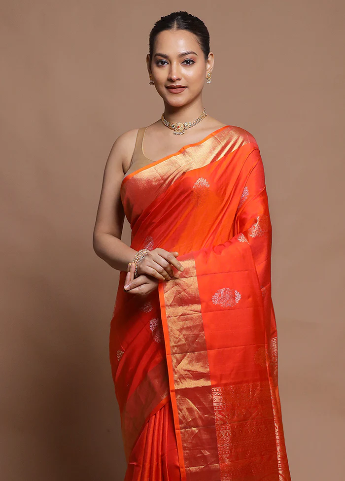 Orange Handloom Kanjivaram Pure Silk Saree With Blouse Piece - Image 2