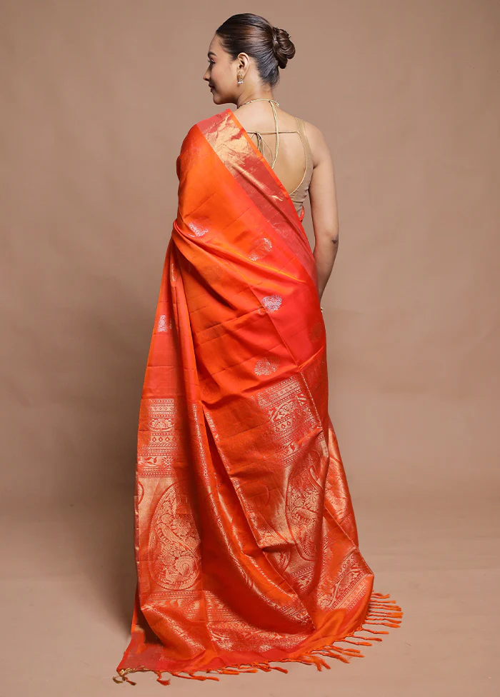 Orange Handloom Kanjivaram Pure Silk Saree With Blouse Piece - Image 3