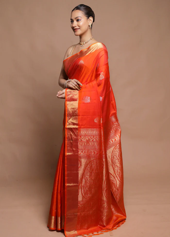 Orange Handloom Kanjivaram Pure Silk Saree With Blouse Piece - Image 4