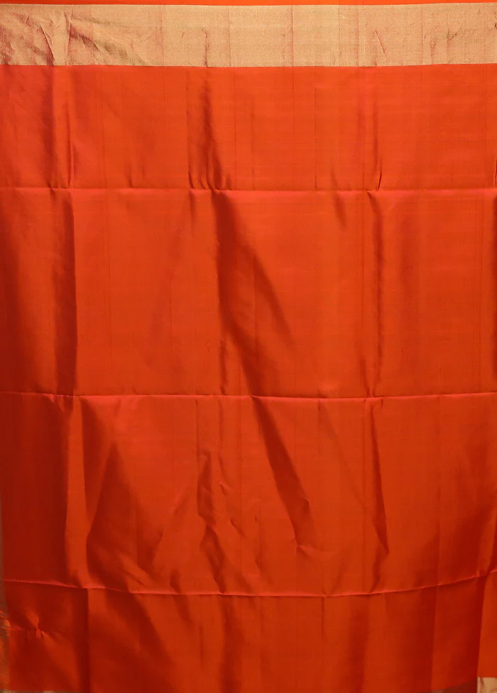 Orange Handloom Kanjivaram Pure Silk Saree With Blouse Piece - Image 5