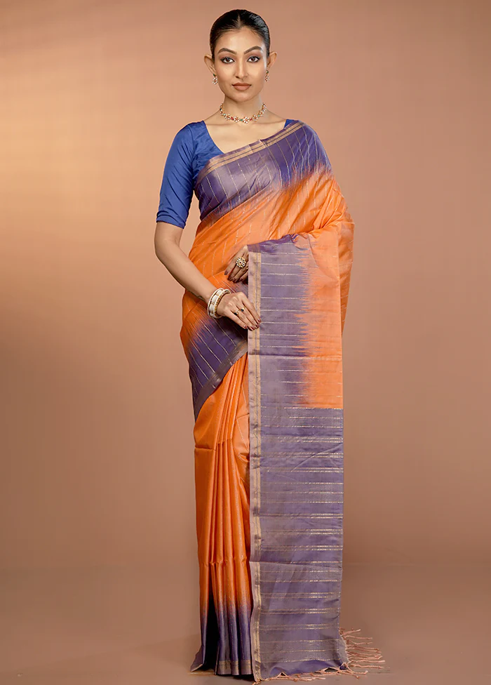 Orange Handloom Kanjivaram Pure Silk Saree With Blouse Piece - Image 2