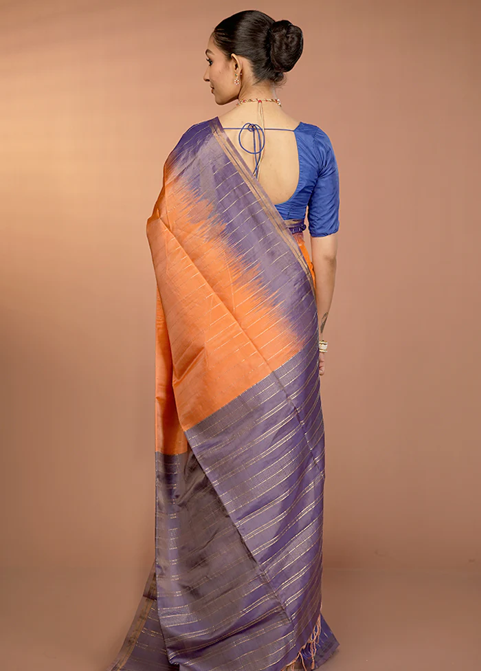 Orange Handloom Kanjivaram Pure Silk Saree With Blouse Piece - Image 3