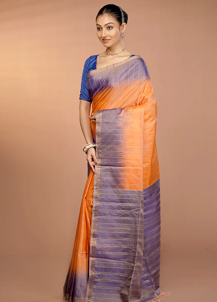 Orange Handloom Kanjivaram Pure Silk Saree With Blouse Piece - Image 4
