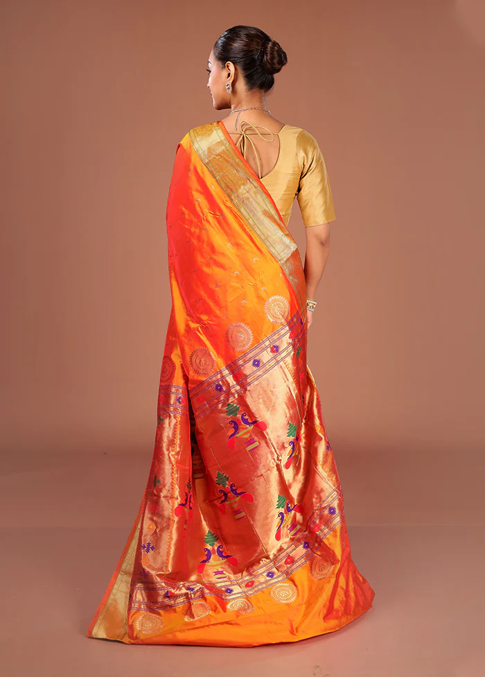 Orange Handloom Kanjivaram Pure Silk Saree With Blouse Piece - Image 3