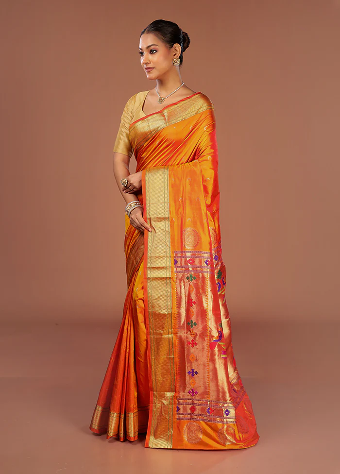 Orange Handloom Kanjivaram Pure Silk Saree With Blouse Piece - Image 4