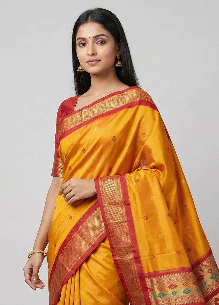 Orange Handloom Kanjivaram Pure Silk Saree With Blouse Piece - Image 2
