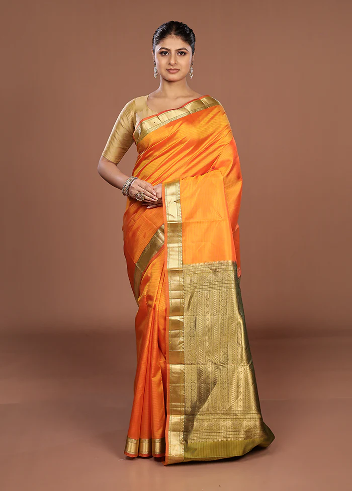 Orange Handloom Kanjivaram Pure Silk Saree With Blouse Piece - Image 2