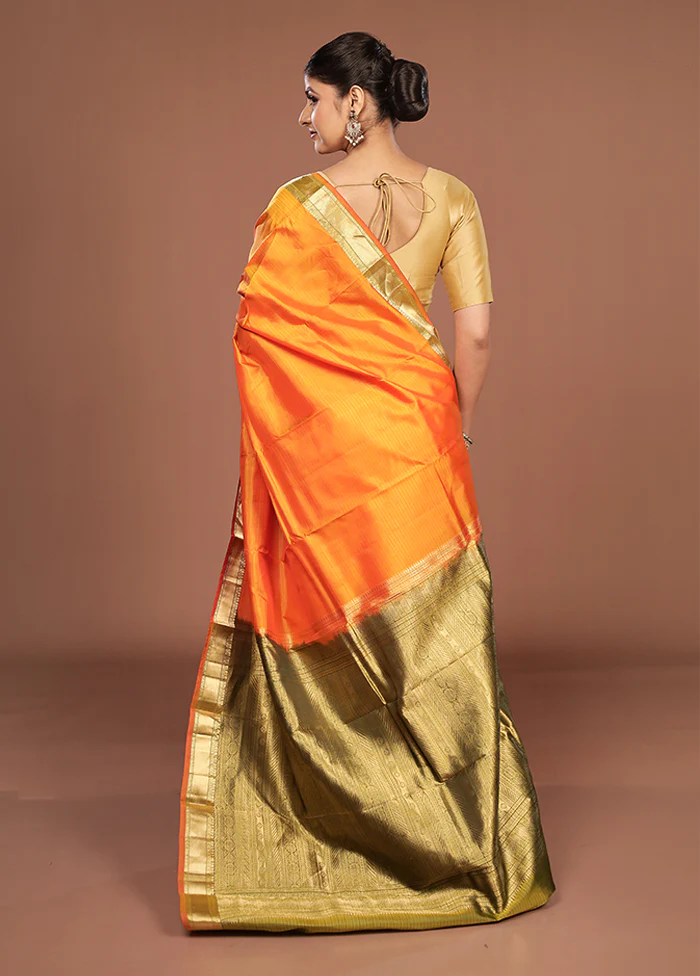 Orange Handloom Kanjivaram Pure Silk Saree With Blouse Piece - Image 3