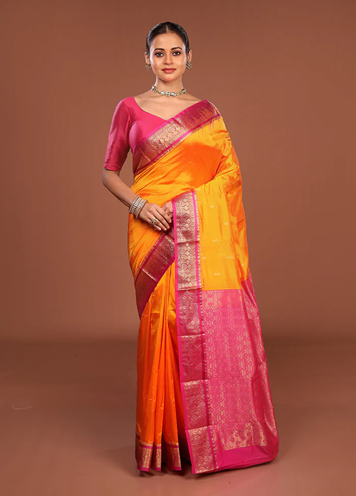Orange Handloom Kanjivaram Pure Silk Saree With Blouse Piece - Image 2