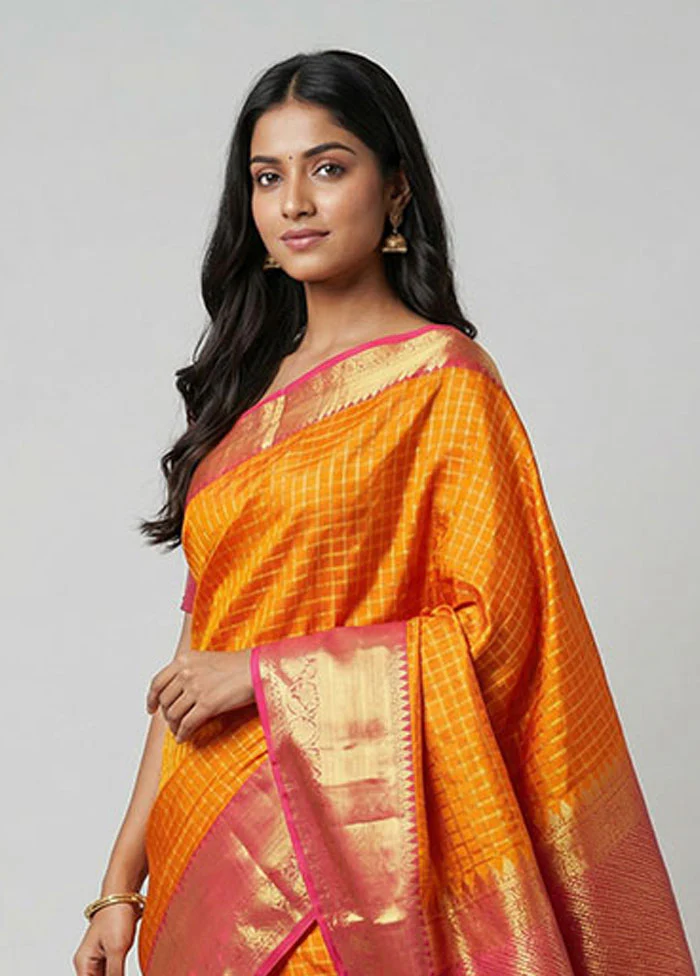 Orange Handloom Kanjivaram Pure Silk Saree With Blouse Piece - Image 2