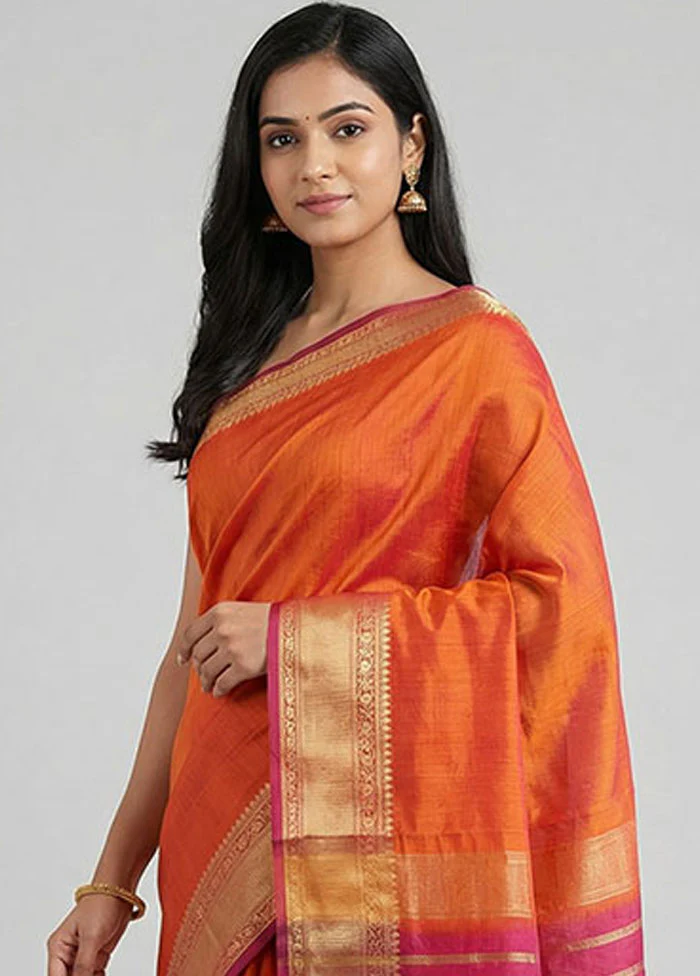 Orange Handloom Kanjivaram Pure Silk Saree With Blouse Piece - Image 2