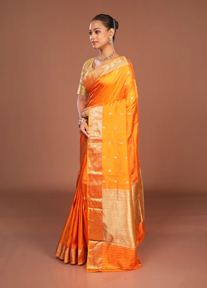 Orange Handloom Katan Pure Silk Saree With Blouse Piece - Image 4