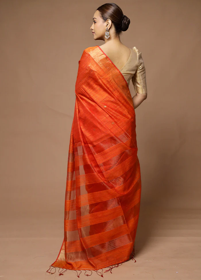 Orange Handloom Matka Pure Silk Saree With Blouse Piece - Image 3