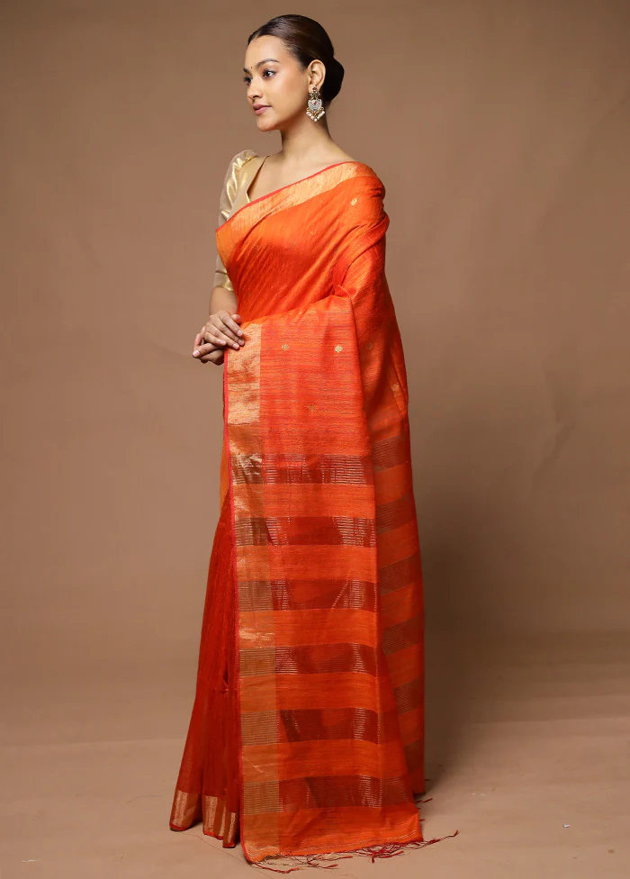 Orange Handloom Matka Pure Silk Saree With Blouse Piece - Image 4