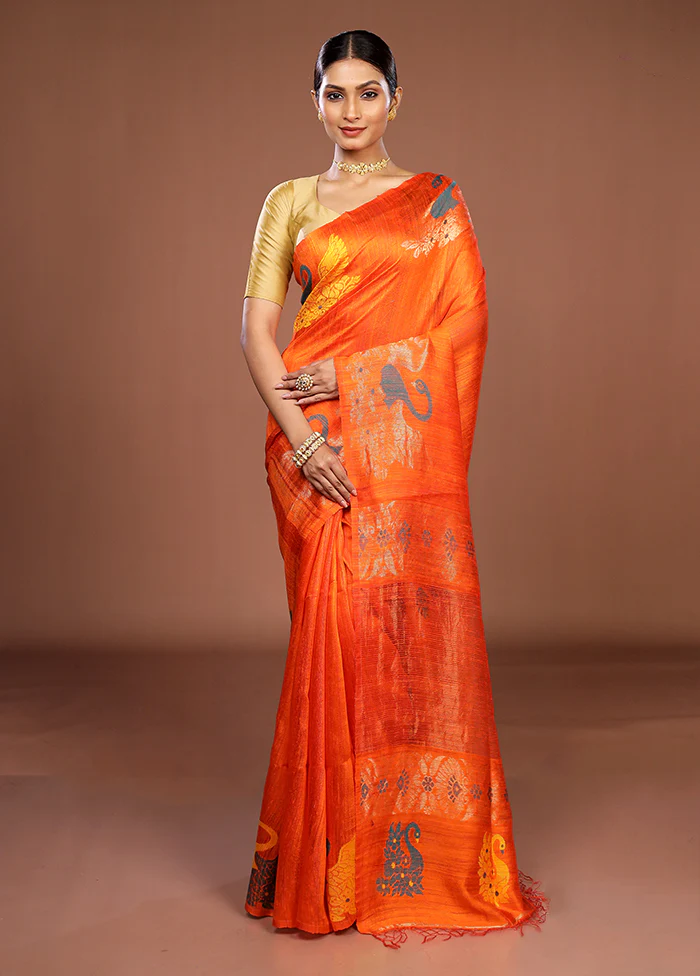 Orange Handloom Matka Pure Silk Saree With Blouse Piece - Image 2