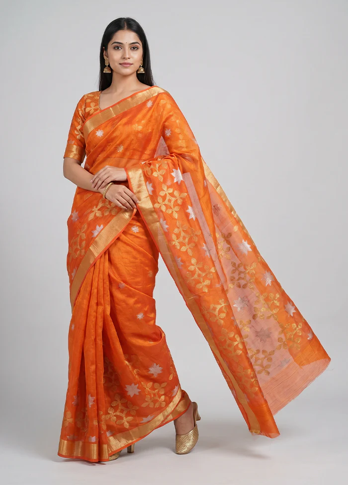 Orange Handloom Matka Pure Silk Saree With Blouse Piece
