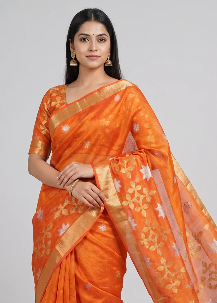 Orange Handloom Matka Pure Silk Saree With Blouse Piece - Image 2