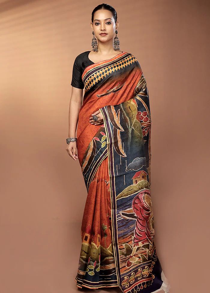 Orange Handloom Printed Pure Silk Saree Without Blouse Piece - Image 2