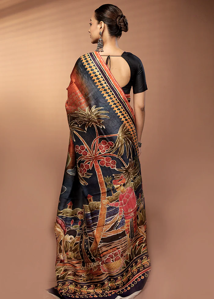 Orange Handloom Printed Pure Silk Saree Without Blouse Piece - Image 3