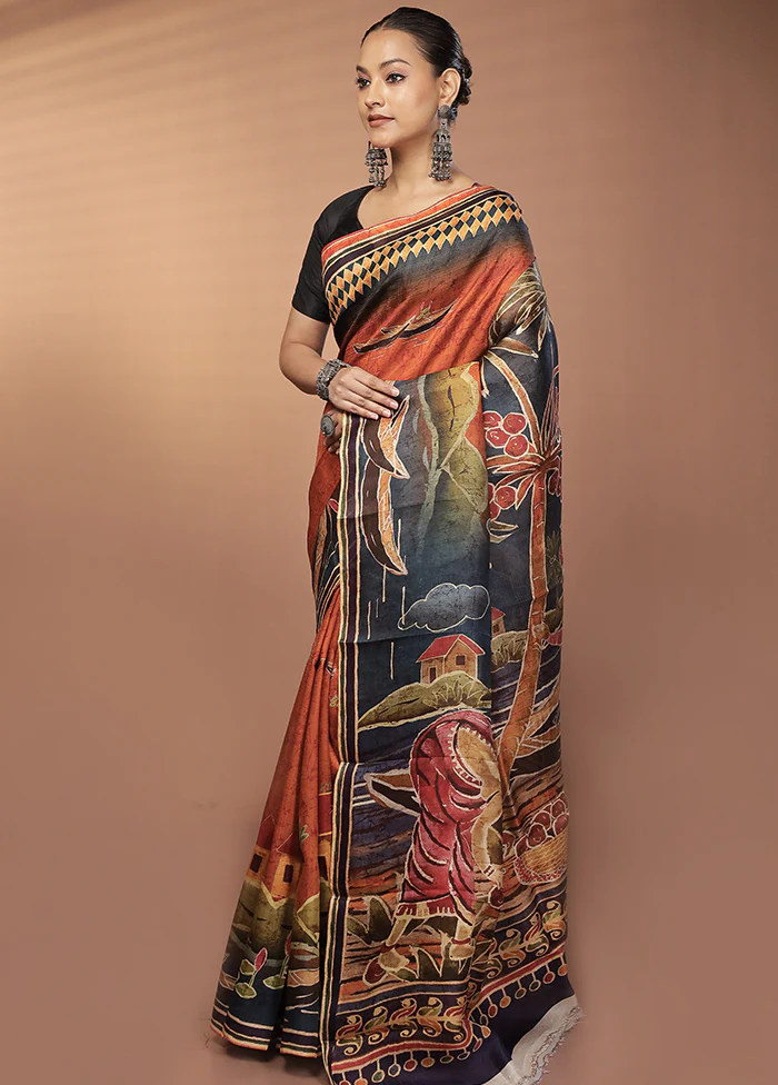 Orange Handloom Printed Pure Silk Saree Without Blouse Piece - Image 4