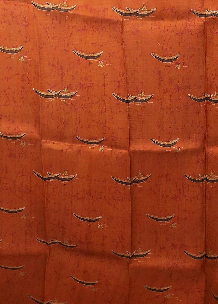 Orange Handloom Printed Pure Silk Saree Without Blouse Piece - Image 5