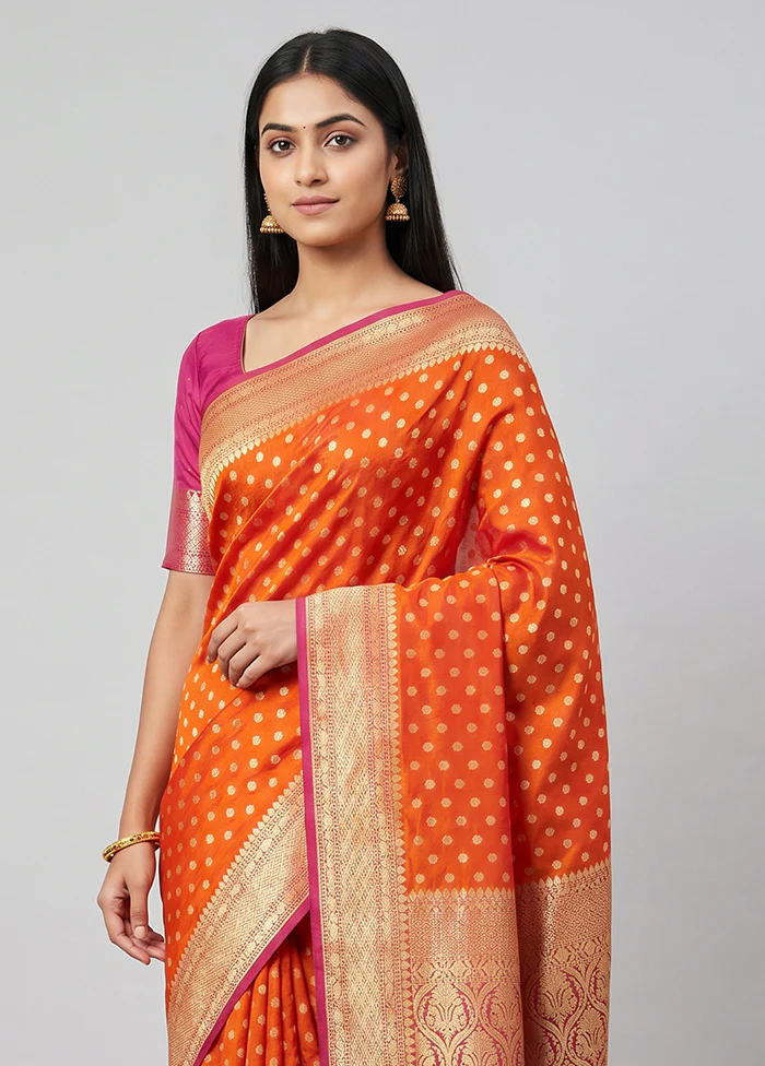 Orange Handloom Pure Georgette Saree With Blouse Piece - Image 2