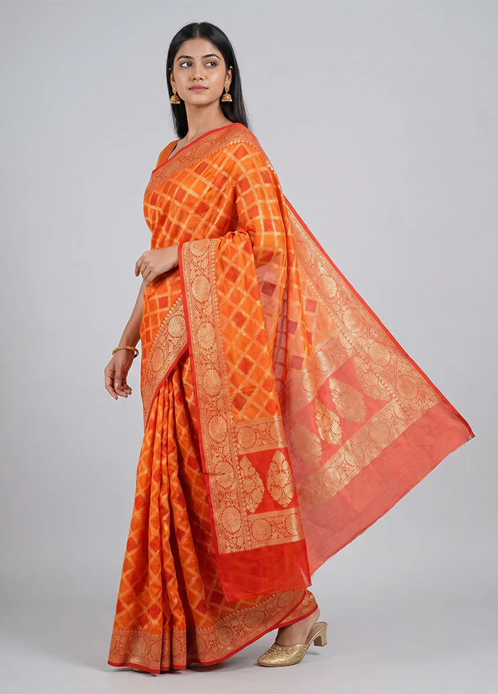 Orange Handloom Pure Georgette Saree With Blouse Piece