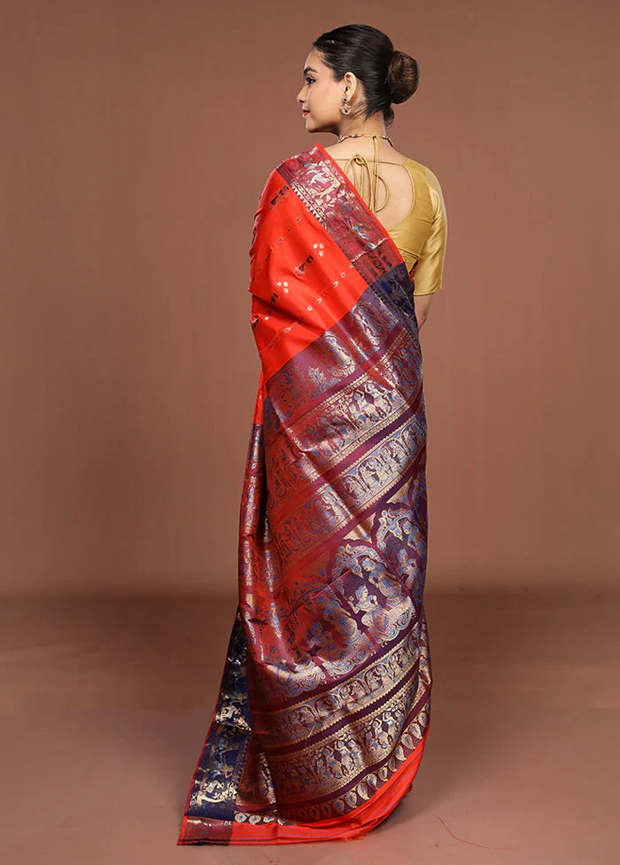 Orange Handloom Swarnachuri Pure Silk Saree With Blouse Piece - Image 3