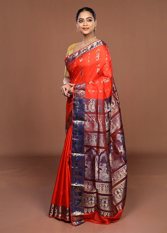 Orange Handloom Swarnachuri Pure Silk Saree With Blouse Piece - Image 4