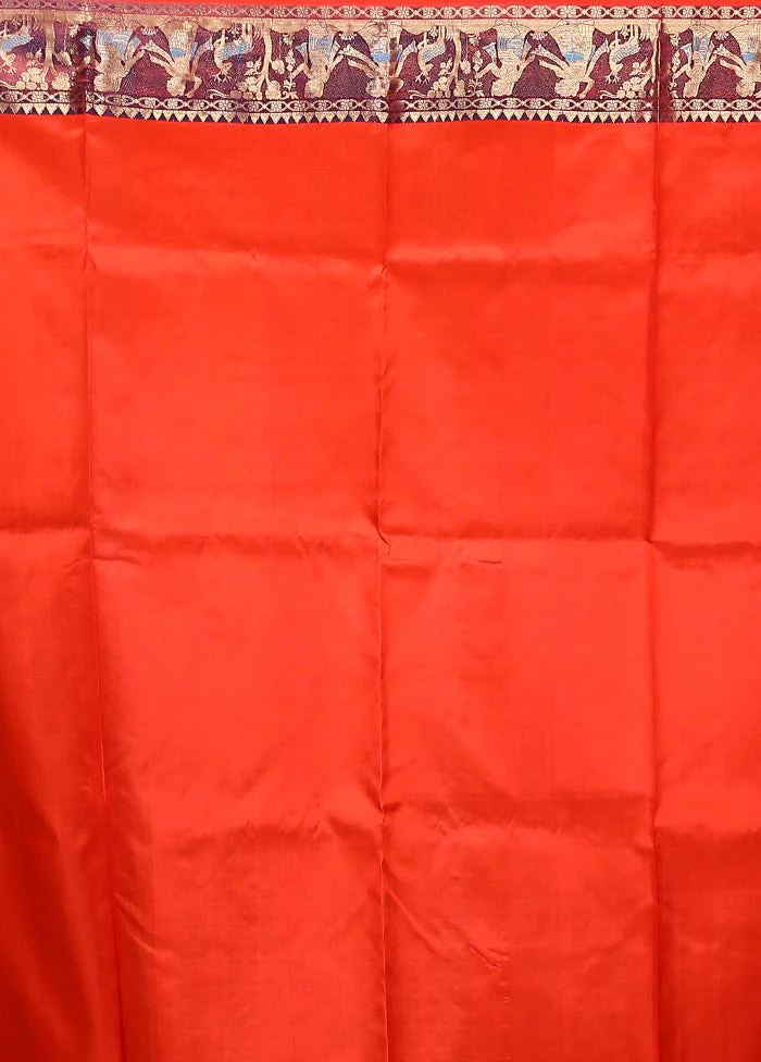 Orange Handloom Swarnachuri Pure Silk Saree With Blouse Piece - Image 5