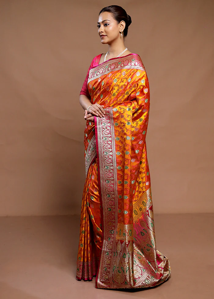 Orange Handloom Tanchoi Pure Silk Saree With Blouse Piece - Image 4