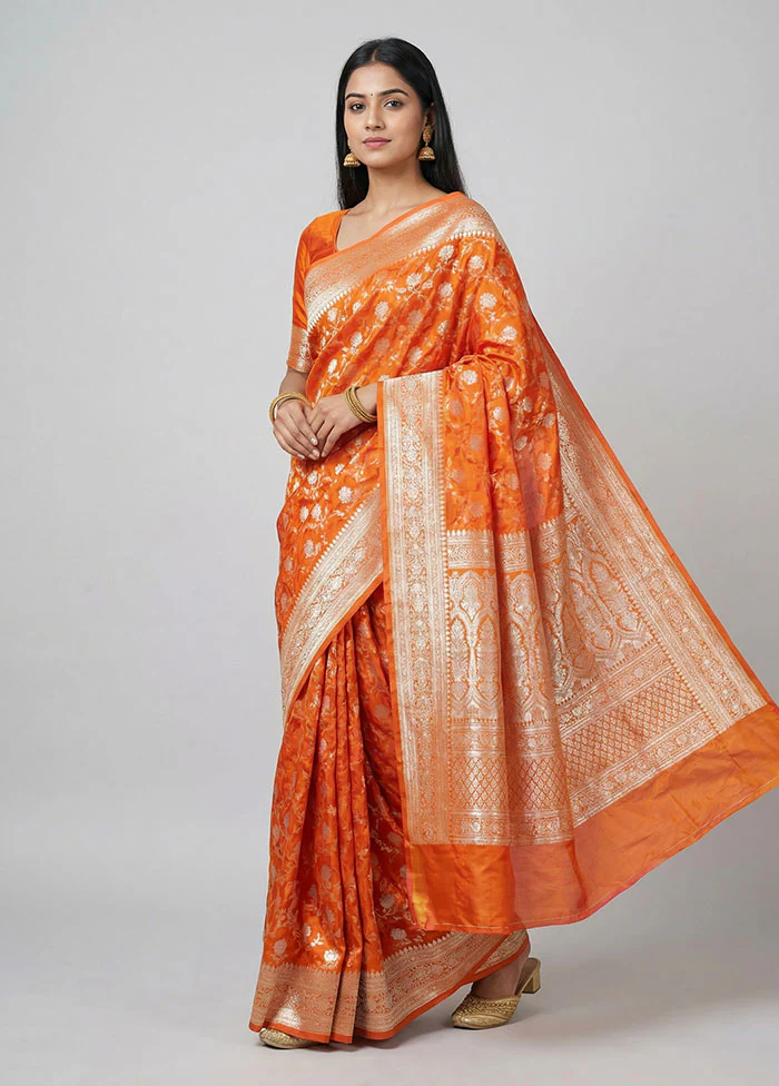 Orange Handloom Tanchoi Pure Silk Saree With Blouse Piece