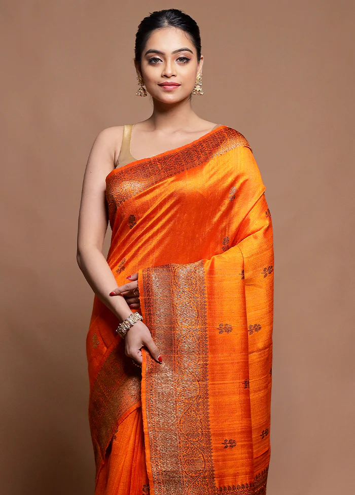 Orange Handloom Tussar Pure Silk Saree With Blouse Piece - Image 2