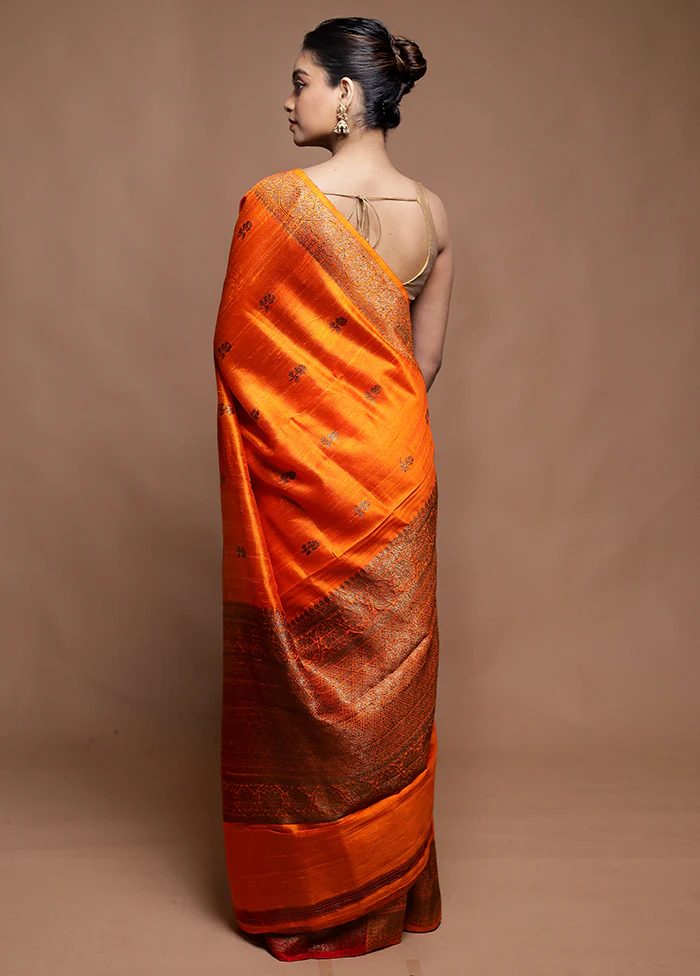 Orange Handloom Tussar Pure Silk Saree With Blouse Piece - Image 3