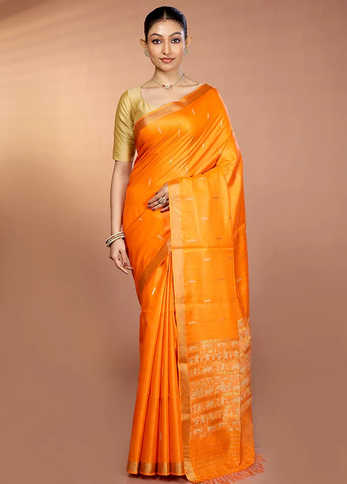 Orange Handloom Tussar Pure Silk Saree With Blouse Piece - Image 2