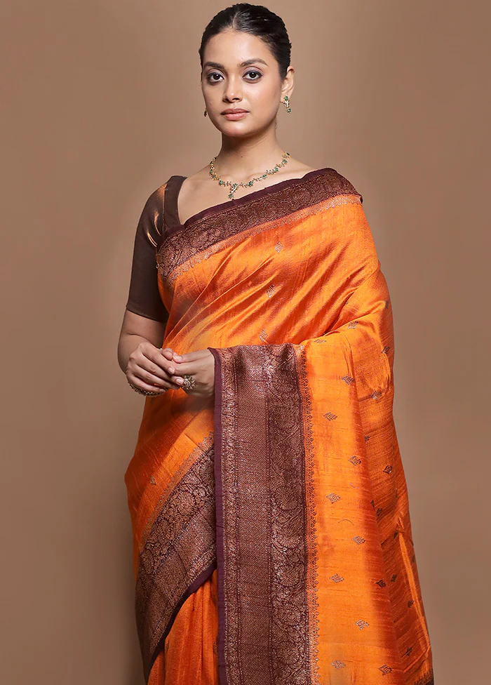 Orange Handloom Tussar Pure Silk Saree With Blouse Piece - Image 2