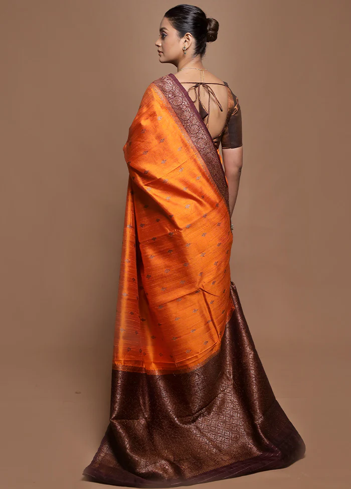 Orange Handloom Tussar Pure Silk Saree With Blouse Piece - Image 3