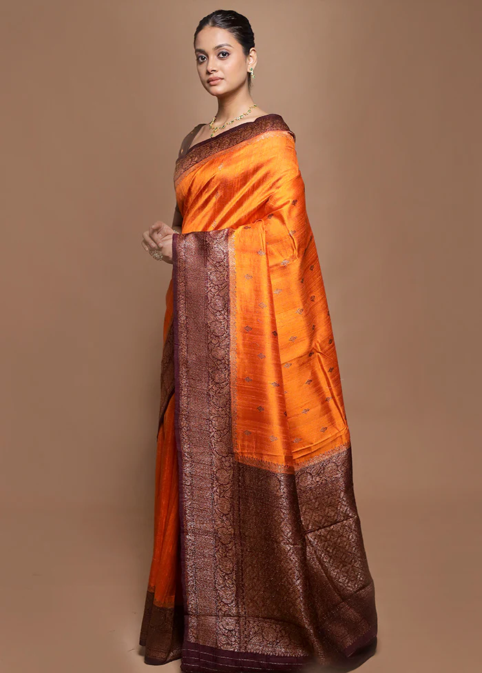 Orange Handloom Tussar Pure Silk Saree With Blouse Piece - Image 4