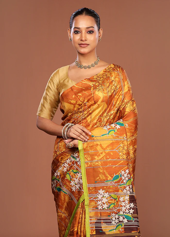 Orange Handloom Tussar Pure Silk Saree With Blouse Piece