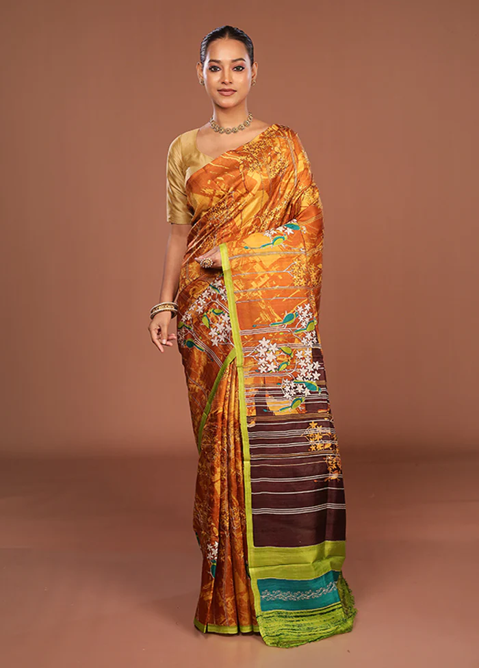 Orange Handloom Tussar Pure Silk Saree With Blouse Piece - Image 2