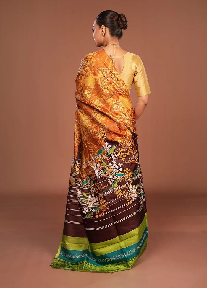 Orange Handloom Tussar Pure Silk Saree With Blouse Piece - Image 3