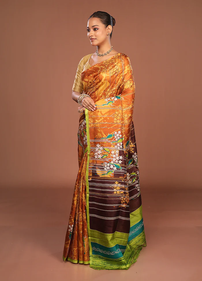Orange Handloom Tussar Pure Silk Saree With Blouse Piece - Image 4